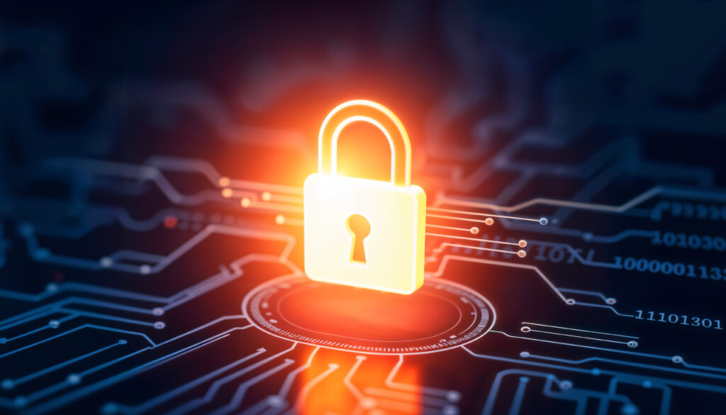 Glowing digital padlock icon on a circuit board background, symbolising website security protection and cybersecurity solutions.