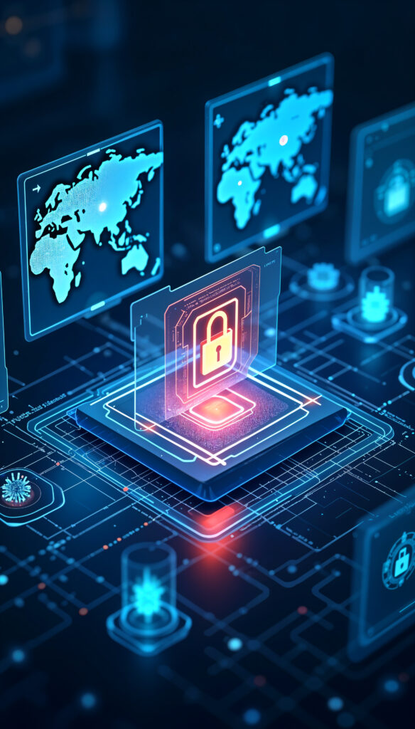Digital world map interface with glowing padlock icon, symbolising global website security and malware protection.