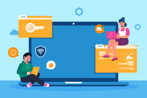 Illustration of two people working on laptops with website security and hosting icons on a large computer screen
