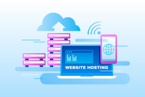 Website hosting concept illustration with server stacks, laptop, and cloud upload icons